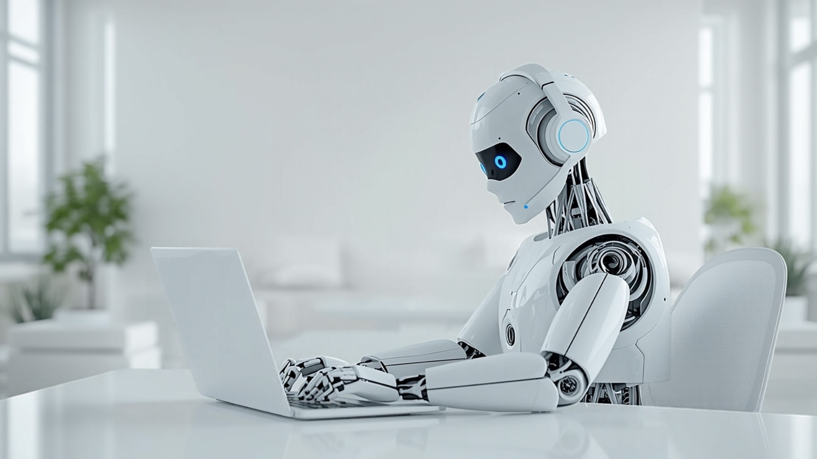 Un robot d’assistance blanc avec un casque, en train de taper sur un ordinateur portable